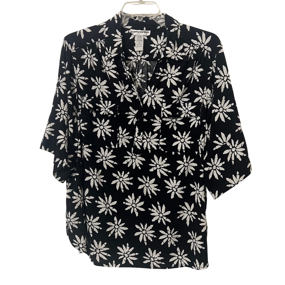 Cathy Daniels Women 2X Black White Floral Linen Blend Blouse Boho Mod Natural